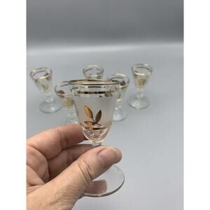 Vintage Mid Century Libbey Shot Glasses, Set Of Six, Frosted With Gold Leaf